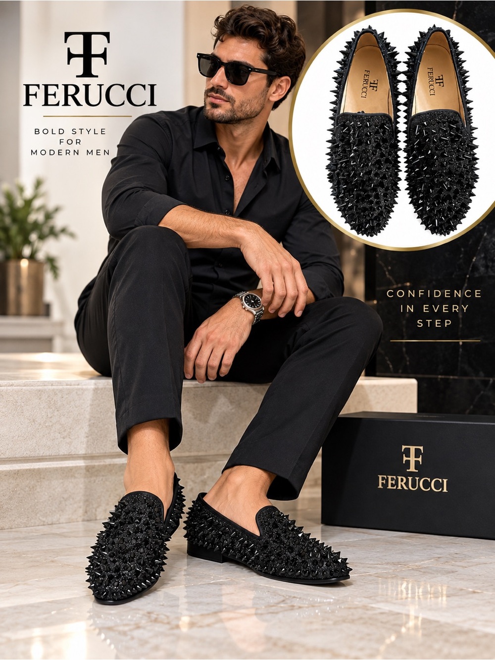 Men’s Black Spiked Slip-On Loafers